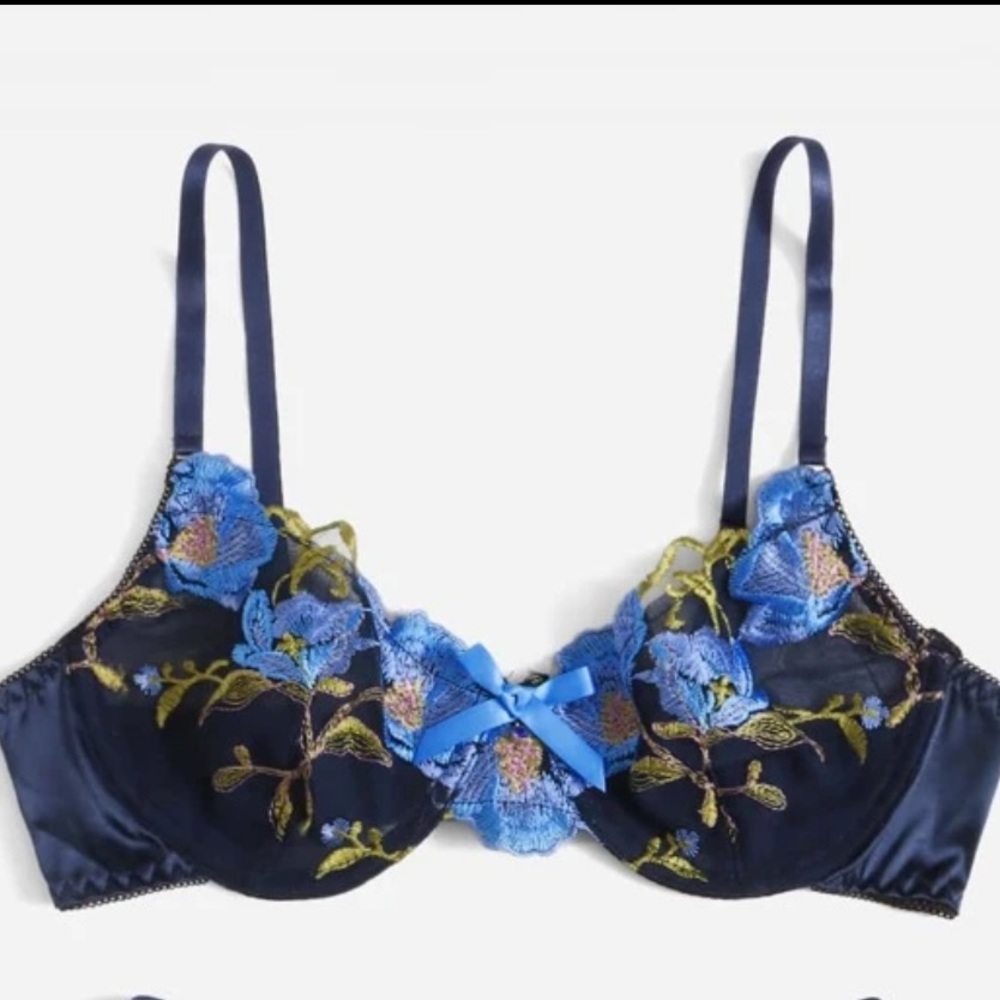 SHEIN Navy Floral Embroidery Mesh Bow Front Underwire Bra S